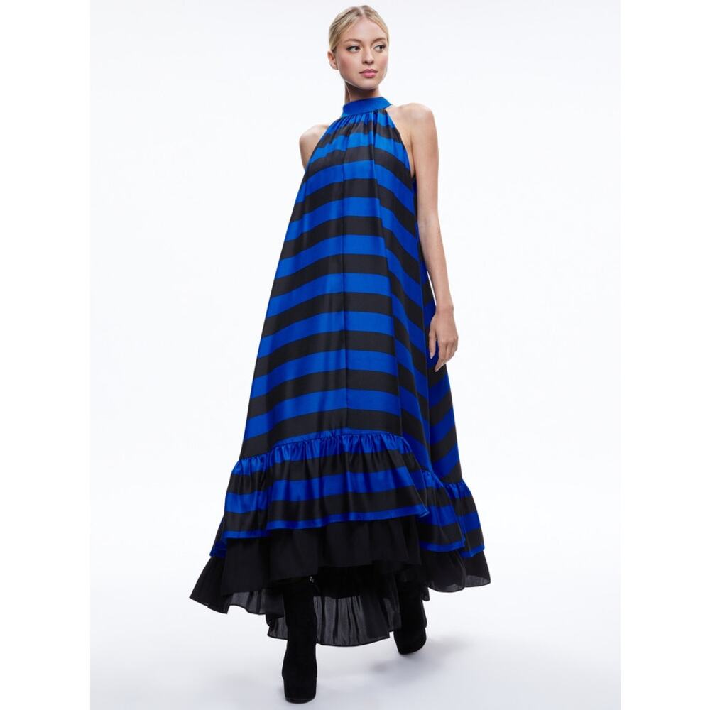 Alice + Olivia Blue and Black Striped Halter Maxi Dress